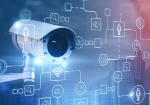 Surveillance street camera in city and icons