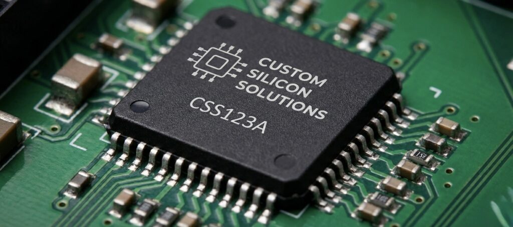 Custom Silicon Solutions chip in a quad flat package on a circuit board